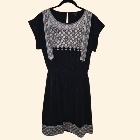 Madewell Black Silk Short Sleeve Floral Cinched Waist Layered Mini Dress - Picture 2 of 6